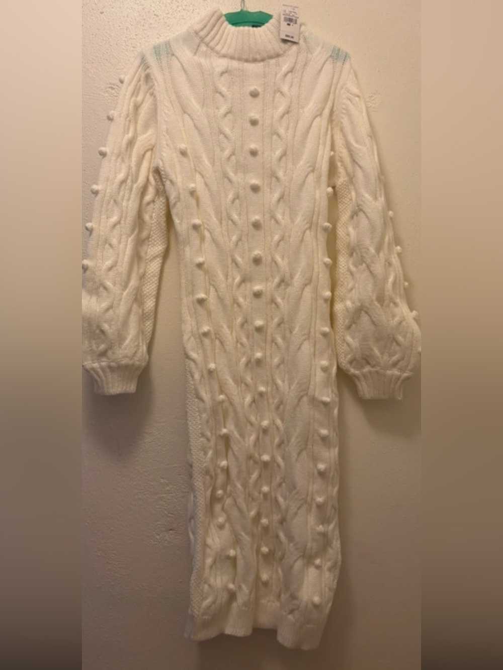Ashley Stewart Cream Cable-Knit Pom-Pom Maxi Dress